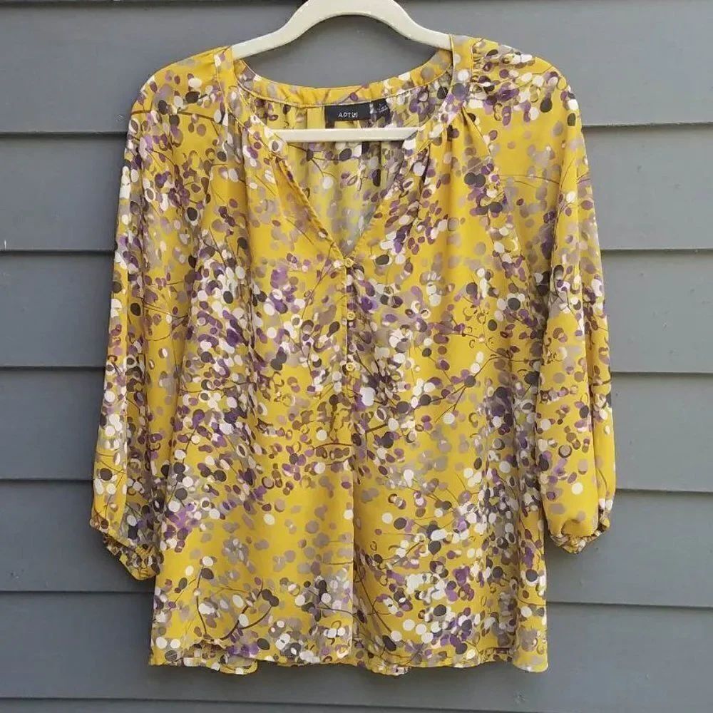 Apt 9 Gold Purple Sheer Floral Peasant Blouse Size Large